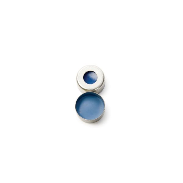 Thermo Fisher Scientific Bördelkappe SureSTART Level 3, 11 mm, Magnetstahl silber & Septum Silikon blau/PTFE klar geschlitzt, weich, 100 St/Pkg