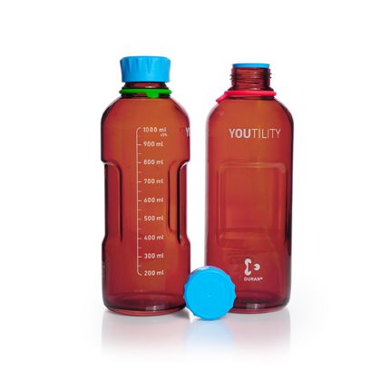 Duran Group DURAN YOUTILITY bottle, amber, graduated, GL 45, cyan screw-cap and puring ring, PP, 1000 ml, 4 pc/PAK