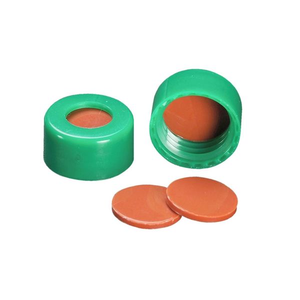 DWK Wheaton 9 mm Schraubkappe, grün, mit Septum ETFE/Silikon rot gebrannt, 100 St/Pkg