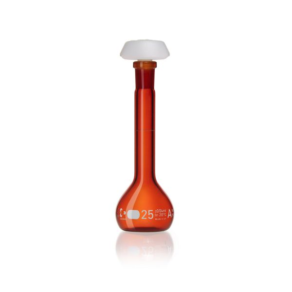 Duran Group Messkolben, braun, NS 10/19, 25 ml, weiße Skala, A, mit Chargenzertifikat, PE-Stopfen, 2 St/Pkg, mit Ringmarke