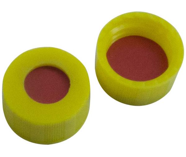 Altmann Analytik 9 mm PP short threaded cap, yellow, with hole, natural rubber red-orange/TEF transparent, 1 mm, 1000 pc/PAK