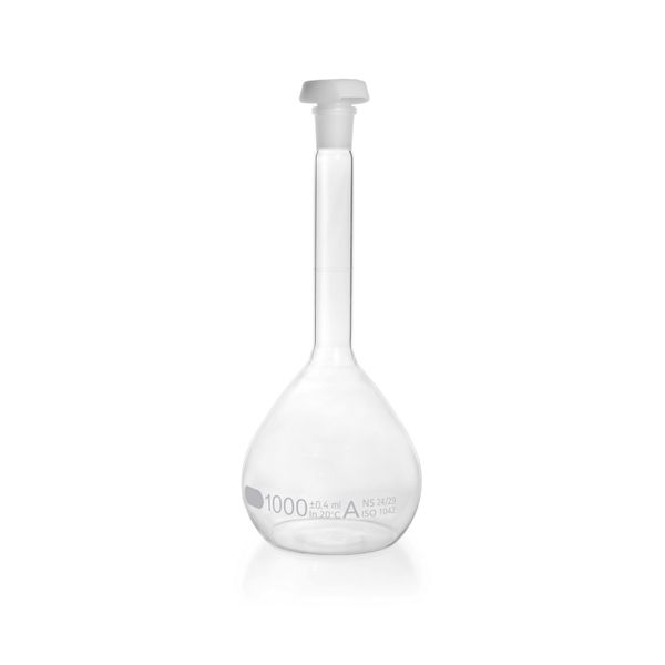 Duran Group Messkolben, klar, NS 24/29, 1000 ml, blaue Skala, A, mit Einzelzertifikat, PE-Stopfen, 2 St/Pkg, mit Ringmarke