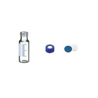 Product Image of HPLC/GC cert. 2in1-KIT: (0197+1681) 1.5ml short thread vial ND9, clear glass, 1st hydrol. Class, wide opening, writing field/filling marks + UltraBond 9mm PPcap, blue, hole, slit silicone white/PTFE blue, 1mm