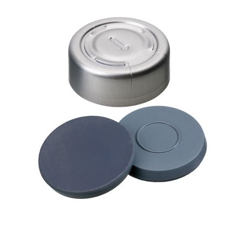 Altmann Analytik 20mm Combination Seal: Aluminum Cap, clear lacquered, complete tear off, Moulded Septa Butyl/PTFE, grey, 50° shore A, 3.0mm, 10 x 100