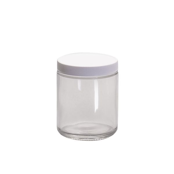 JG Finneran 8 oz, 250 ml Short Wide Mouth Jar, 73x88 mm, 70-400 mm Thread, White Closure, PTFE Lined, 24 pc/PAK