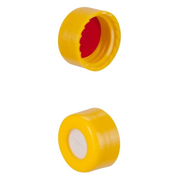 Microsolv Screw Cap Soft PP, yellow, 9 mm, with white Sil/red PTFE Preslit Fitted Septa, Robo Style, 100 pc/PAK