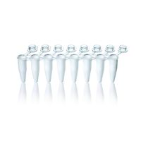 Product Image of Strips of 8 PCR tubes, PP, 0,2 ml, BIO-CERT PCR-Q, white, with attached, flat single caps, 3 connectors, standard, 120 pc/PAK