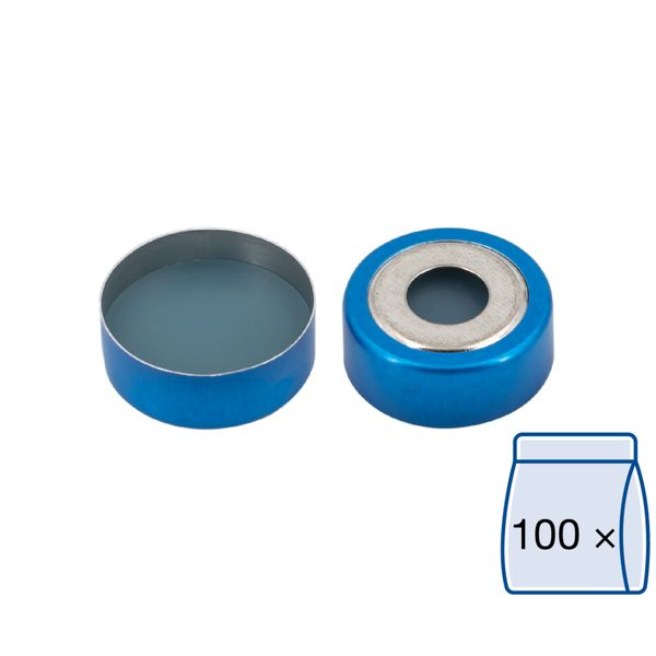 Macherey-Nagel ND20 Bimetall Bördelkappe, blau/silber, Loch Silikon blau transparent/PTFE farblos, Härte: 45° shore A Septendicke: 3 mm, 100 St/Pkg