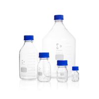 Product Image of Laborflasche/DURAN, 25 ml (Gewinde GL 25) mit Teilung, Ausgießring/PP (blau)+Kappe, 10 St/Pkg