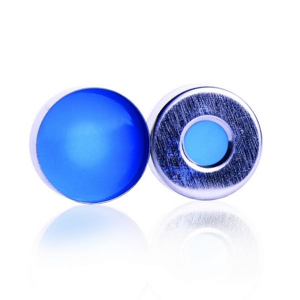 DWK Wheaton 20 mm, aluminum flare cap, magnetic, wide opening, with septum PTFE natural/silicone blue, extended skirt, 100 pc/PAK