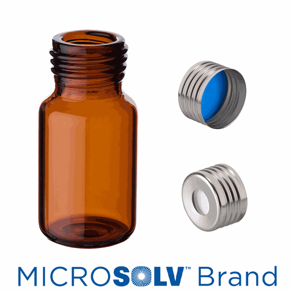 Microsolv Vial & Cap Kit: 10 ml, screw top, Amber Headspace autosampler vials + screw caps with White Silicone Rubber / Blue PTFE SPME Style Septa, 