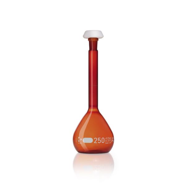Duran Group Volumetric flask, brown, SJ 14/23, 250 ml, white graduation, A, CC, PE stopper, 2 pc/PAK