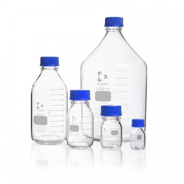 Duran Group Laborflasche/DURAN, 50 ml (Gewinde GL 32) mit Teilung, Ausgießring/PP (blau)+Kappe, 10 St/Pkg