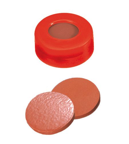 Altmann Analytik Schnappringkappe, ND11 PE: rot mit 6 mm Loch, Naturkautschuk rot-orange/TEF transparent, harte Kappe, 1,0 mm, 10x100/PAK