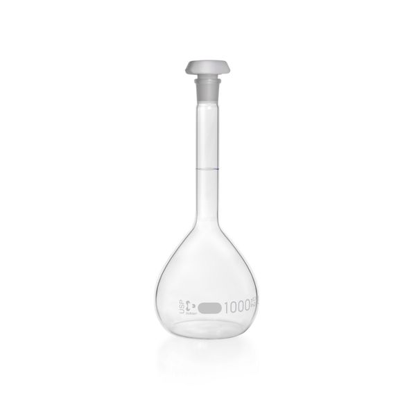 Duran Group Messkolben, klar, NS 24/29, 1000 ml, blaue Skala, A, mit Einzelzertifikat, PE-Stopfen, 2 St/Pkg, mit Ringmarke