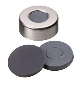 Altmann Analytik 20mm Alu crimp cap, hole, shaped washer butyl/PTFE, gray, 10x100 pc/PAK