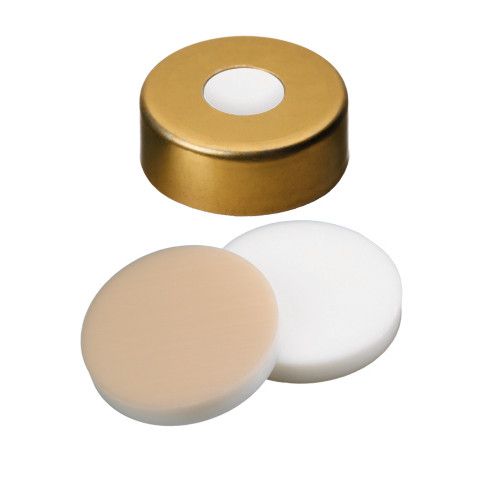 Altmann Analytik 20mm Combination Seal: Magnetic Cap, gold lacquered, 8mm centre hole, Silicone white/PTFE beige, 45° shore A, 3.2mm, 10 x 100 pc