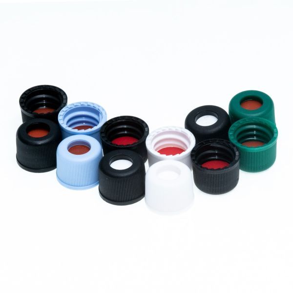 JG Finneran 8-425 mm Flangeless Black Open Hole Polypropylene Closure, PTFE/Red Rubber Septa, 0.040", 10 x 100 pc/PAK