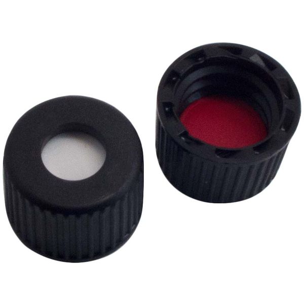 Altmann Analytik 8mm PP Schraubkappe, schwarz, mit Loch, Silicon creme/ PTFE rot, 55° shore A, 1,5mm, 10x100/Pkg