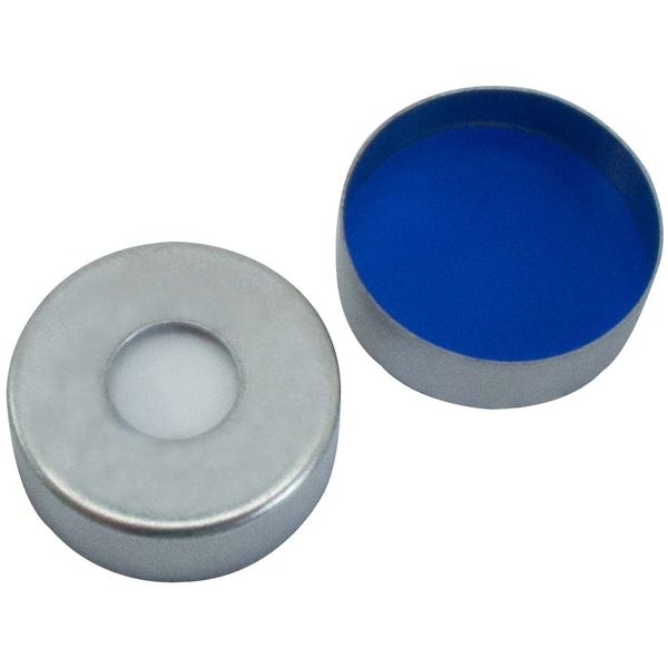 Altmann Analytik 20 mm UltraClean Magnetische Bördelkappe, silber, 8 mm Loch, Silicon weiß/PTFE blau, 1,5 mm, 1000 St/Pkg