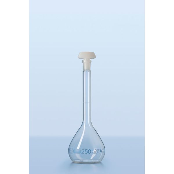 Duran Group Volumetric flask, clear, SJ 14/23, 200 ml, blue graduation, A, IC, PE stopper, 2 pc/PAK