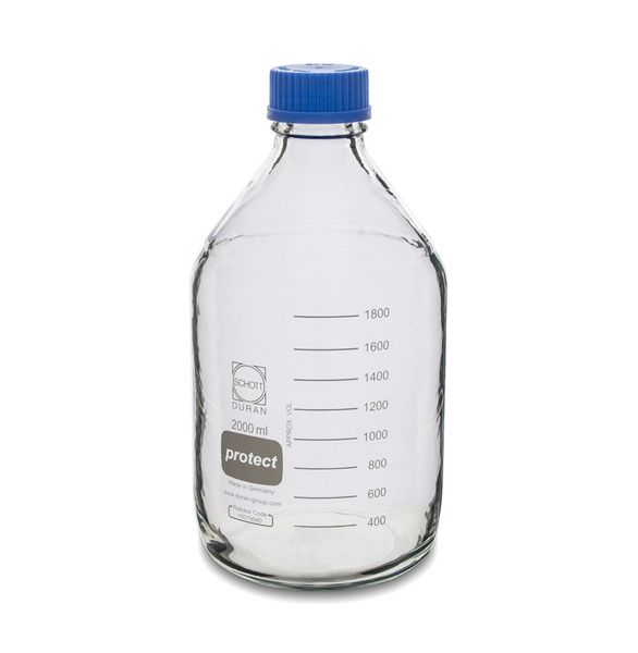 SCAT Enghalsflasche DURAN Borosilikatglas, GL45, 2000 ml, rund, klar, mit Protect-Beschichtung, mit Kappe und Ausgießring