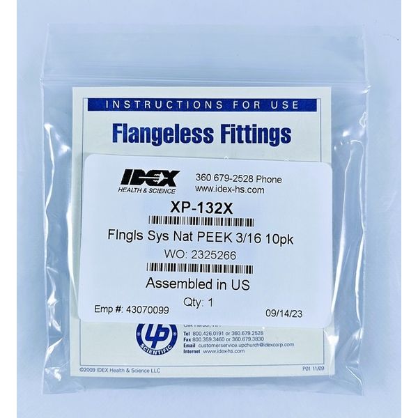 Upchurch Scientific Fitting, flanschlos, PEEK, für 3/16'' AD, natur, 10 St/Pkg