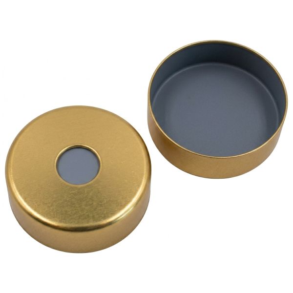 Altmann Analytik 20mm Magnetic Crimp Cap, gold-plated, with a 5mm hole, butyl/PTFE gray die-cut disc, 55° Shore A, 3.0mm, 10 x 100 pc/PAK