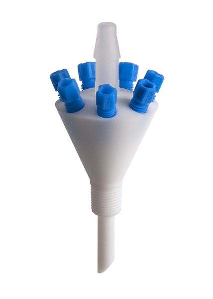 SCAT 8-in-1 Verteiler für Schlauchanschluss, senkrecht, PTFE/PFA/PP, 7x 2,3/3,2 mm AD, 1x 6,4 mm ID