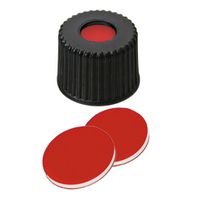 Product Image of Schraubkappe, ND8 PTFE rot/Silikon weiß/PTFE rot Verschluss (PP), schwarz, 5,5 mm Loch, 8-425 Gewinde, 45° shore A, 1,0 mm, 10x100/PAK