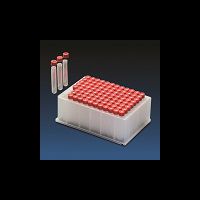 SQW-Block, PP, 96 Pos. 1ml SQW micro insert, 45,9x7,6mm, clear,9mm PE cap, red, Si white/PTFE red, 1,9mm
