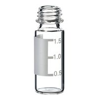 Product Image of 1,5ml Kurzgewinde SureStop Flasche, 32 x 11,6mm, Klarglas, weite Öffnung, Schriftfeld/Füllmarkierungen, Überdrehschutz, 10x100/Pkg