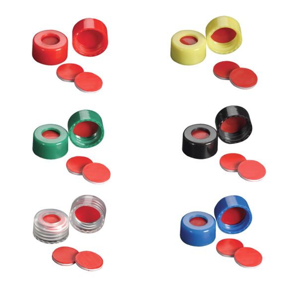DWK Wheaton 9 mm screw cap, red, with PTFE/silicone/PTFE septum, screw thread, EVA, 100 pc/PAK