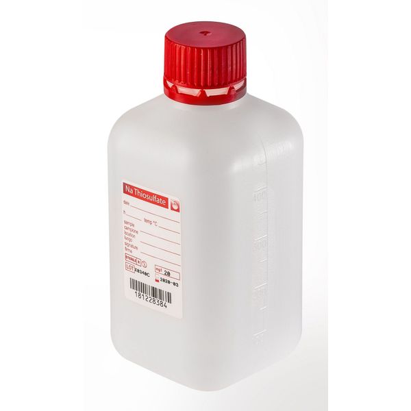 Aqua Laborservice Sterile narrow-neck bottle with 10 mg sodium thiosulfate, 500 ml, HDPE, square, tamper-evident closure red, 120 pc/PAK