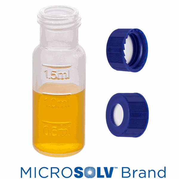 Microsolv Set: 2-ml-Autosampler-Vials (klar, Polypropylen, Schraubgewinde) + Schraubverschlüsse (blau) mit fest verbauten Septen aus Silikonkautschuk/