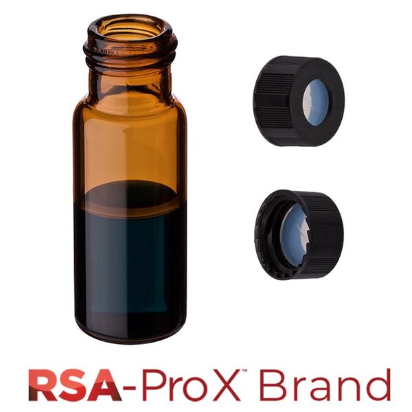 Microsolv Fläschchen & Kappen-Kit: 100 2ml, Schraubverschluss, hydrophob, Bernstein Autosampler Fläschchen & schwarze Kappen mit klaren 