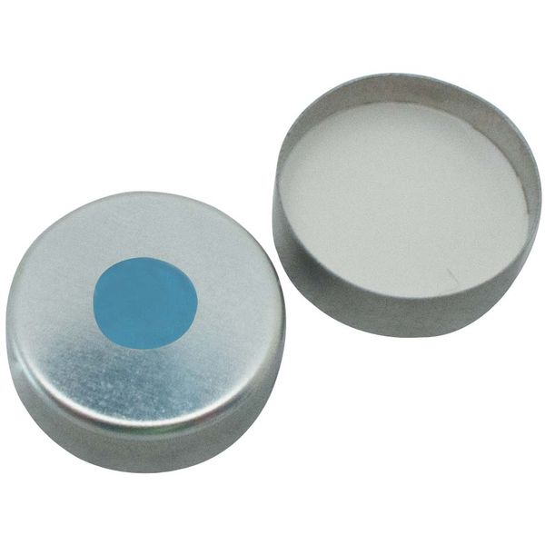 Altmann Analytik 20 mm UltraClean Magnetische Bördelkappe, silber, 8 mm Loch, Silicon blau transparent/ PTFE weiss, 3 mm, 1000 St/Pkg