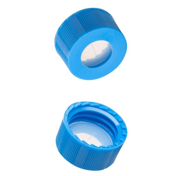 Microsolv Screw Cap with Sil/Rubber/PTFE, ultra-pure pre-slit Septa, fitted in knurled, PP, light blue Caps. For use with 9-425mm thread, 12x32mm 
