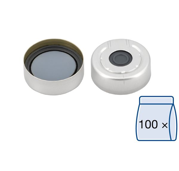Macherey-Nagel ND20 Alu Überdruck-Sicherheitskappe, silber, Loch Butyl dunkelgrau/zentr. PTFE-Laminierung grau, 100 St/Pkg