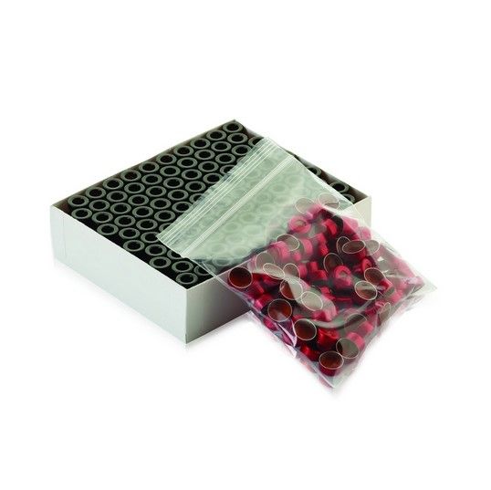 DWK Wheaton 1,8 ml E-Z Fläschchen, 12 x 32 mm, braun, Boro, 11 mm Alu-Bördelkappe rot, Septum PTFE/Gummi rot, 100 St/Pkg