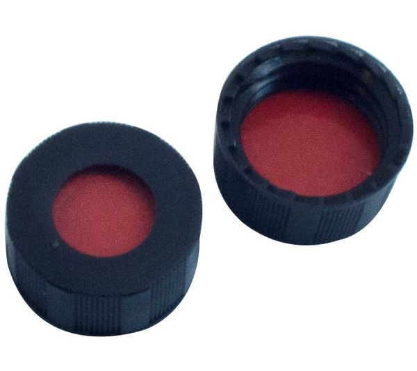 Altmann Analytik 9 mm PP-Schraubkappe, schwarz, mit Loch, 9 mm Septum, Naturkautschuk rotorange/TEF transparent, 55 shore A, 1 mm, 1000 St/Pkg