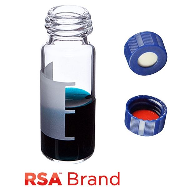 Microsolv Fläschchen & Kappen-Kit inkl. 100 2ml, Schraubkappe, Klarglas RSA Autosampler Fläschchen mit Schreibfeld/Fülllinien & 100 blaue 