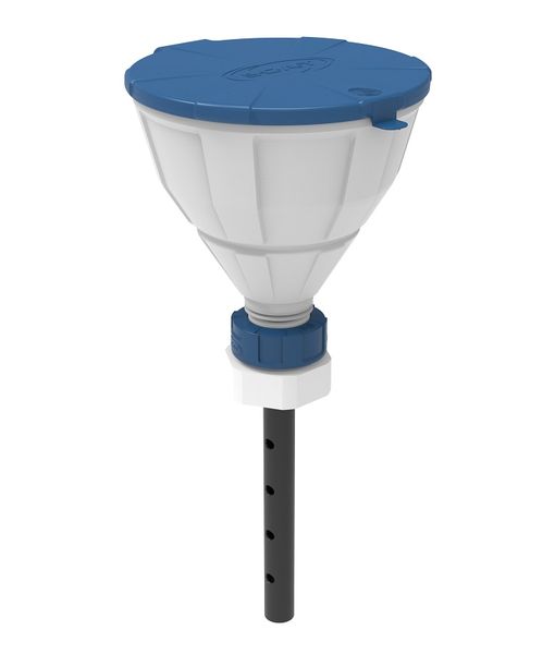 SCAT Funnel ''ARNOLD'' with ball-valve and lid, V2.0, S65, HDPE white, with lance (220 mm), splash guard and removable sieve, funnel diameter = 200 mm