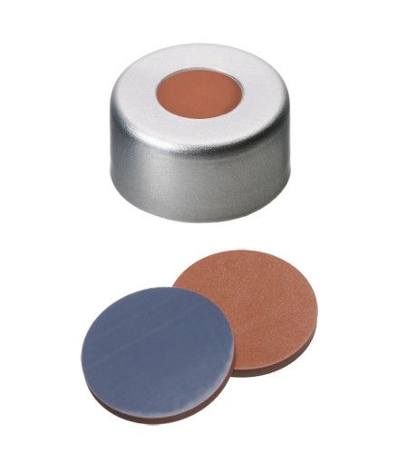 Altmann Analytik Bördelkappe, ND11 Verschluss: Aluminium, farblos lackiert mit 5,5 mm Loch, Butyl rot/PTFE grau, 1,3 mm, 10x100/PAK