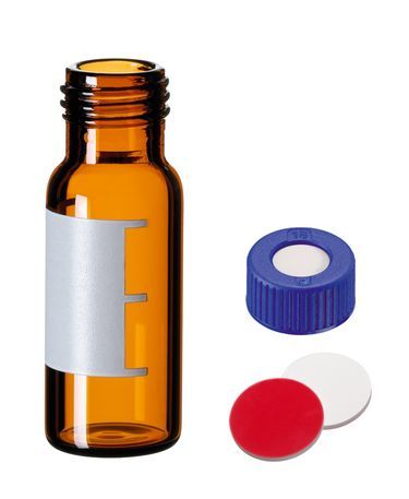 Altmann Analytik HPLC/GC Certified Vial Kit: 1.5 ml Short Thread Vial, amber Glass, 1. hydrolytical Class, Schriftfeld, UltraBond PP Short Thread Cap,
