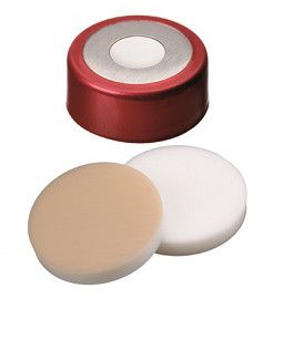 Altmann Analytik Bördelkappe, 20 mm Verschluss: Magnetische Bi-Metall, rot lackiert, mit 8 mm Loch, Silikon weiß/PTFE beige, 45° shore A, 3,2 mm, 