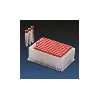 Product Image of SQW-Block, PP, 96 Pos. 1ml SQW micro insert, 45,9x7,6mm, clear,9mm PE cap, red, Si white/PTFE red, 1,9mm