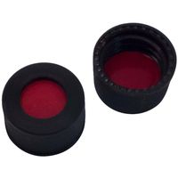 Product Image of 10mm PP Schraubkappe, schwarz, mit Loch, 10-425 PTFE rot/Silicon weiß/PTFE rot, 45° shore A, 1,0mm, 10x100/Pkg