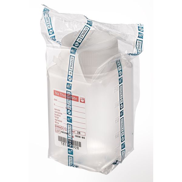 Aqua Laborservice Sterile Weithalsflasche mit 5 mg Natriumthiosulfat, 250 ml, PP, natur, quadratisch, Originalitätsverschluss, einzeln steril verpackt
