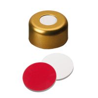 Product Image of Bördelkappe, ND11 Verschluss: Aluminium, gold lackiert mit 5,5 mm Loch, Silikon weiß/PTFE rot UltraClean, 1,3 mm, 10x100/PAK
